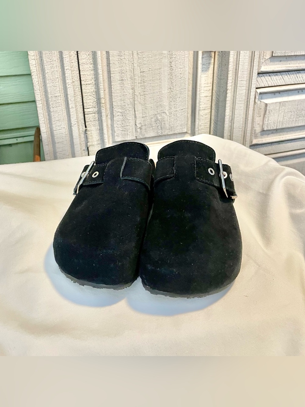 Project Cloud Rhona Sueded Leather Clogs - Black - Soft Footbed - Womens Sz 6.5